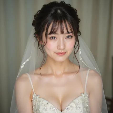 Beautiful Japanese Top Idol Wears Her Wedding Dress and Is Crying Happy, (Super Detailed:1.10), (Ultra Realistic Full Body Portrait Photo:1.9), (Super Detailed and clear focus :1.10), (Woman in center of image :1.5), (At a wedding, She's Staring at Me, I'm...