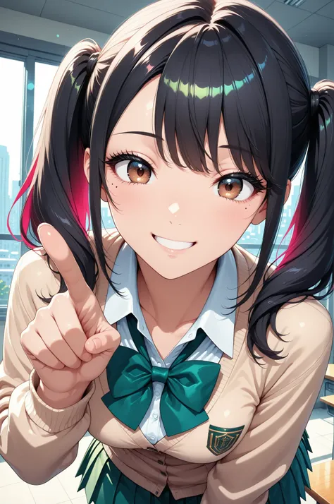 beautiful girl、MINIMAL BODY、face focus, small tits, pointing at viewer, ((Urban area, window:1.2, 4 fingers)), High Quality,anime style, 4K, HDR, studio lighting hanging from a pile, Superb Detailed Description, vibrant colors, bokeh effect, Portrait, deli...