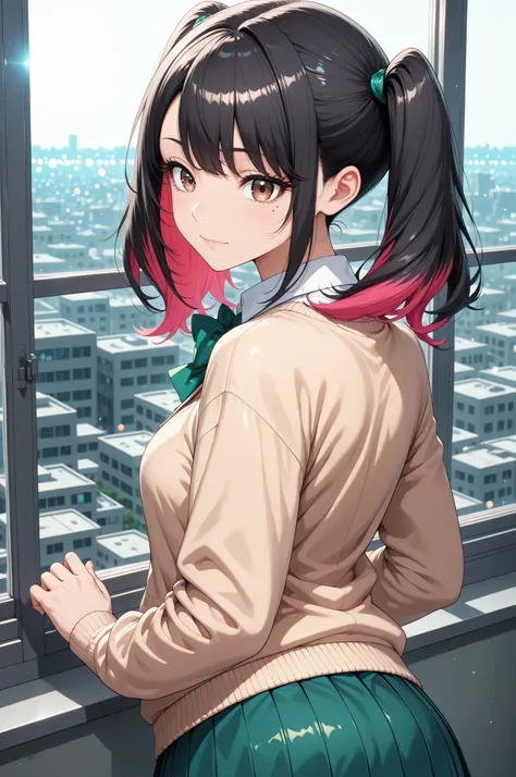 beautiful girl、MINIMAL BODY、face focus, small tits, Staring Closely, ((Urban area, window:1.2, from behind, 4 fingers)), High Quality,anime style, 4K, HDR, studio lighting hanging from a pile, Superb Detailed Description, vibrant colors, bokeh effect, Port...