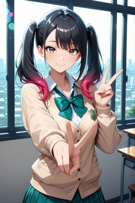 beautiful girl、MINIMAL BODY、face focus, small tits,  (gyaru v ), ((Urban area, window:1.2, 4 fingers)), High Quality,anime style, 4K, HDR, studio lighting hanging from a pile, Superb Detailed Description, vibrant colors, bokeh effect, Portrait, delicate to...