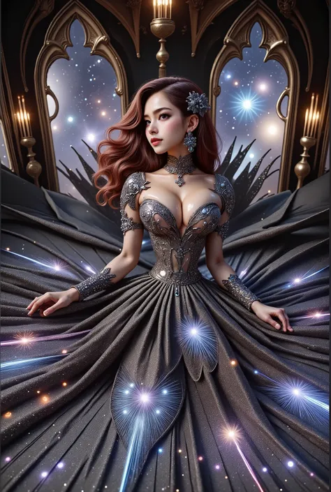 A beautiful Asian idol girl with white skin, douyin-style makeup face, eyelashes, With fake giant breasts, blue eyes, shiny body, wet body, wearing a tight strapless dress that presses the breasts, with a sexy and slim body, a small waist, Shiny clothing, ...