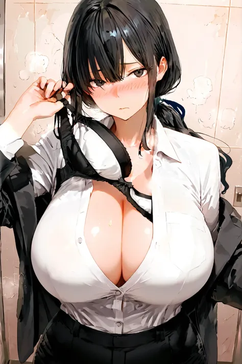 absurdres, masterpiece, best quality, very aesthetic,anime coloring
((solo))
1girl\(female,K977,low ponytail,white blouse,black hair,black suit,black slacks,black pants)\
Taking_off_brav1,
breasts,underwear,bow bra,
taking off bra,removing bra, pulling off...