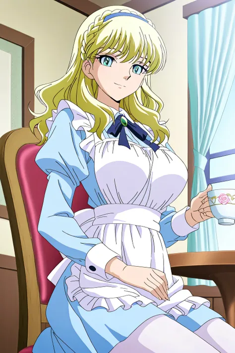 score 9 、score 8 up、score 7 up、source anime、傑作、best quality、best resolution、best image quality、anime coloring、1girl、mii、anime girl with a cup of black tea and a cake、solo、変化 in dress、( maid ) girl、portrait of change ta、blonde hair、long hair、blue eyes、frenc...