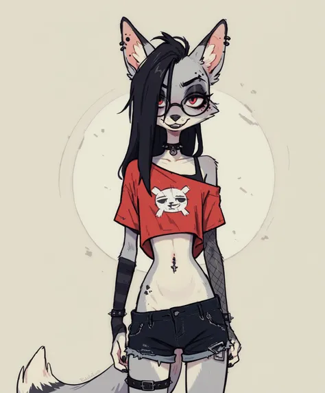 a anthropomorphic female fox with multi-tone grey fur, she is a skinny goth girl with glasses, emo, punk girl, (thin), narrow shoulders, narrow hips, shaved undercut hair, long hair, black hair, fox ears, sexy pose, furry animation style in comic aesthetic...