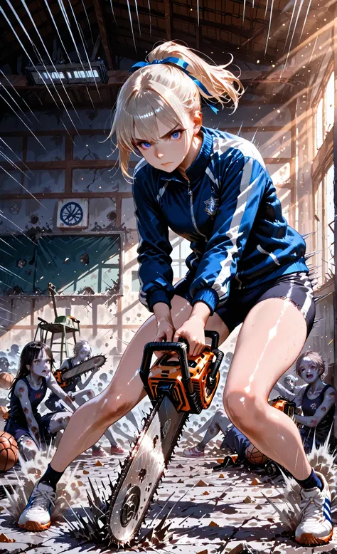 masterpiece, Highest Quality, Super Detailed, 8k, digital painting, 
School Girl Athletes, Torn Track Uniform,  sports jacket, 
 normal skin color, (shiny skin:1.3), ponytail with ribbon, 
Has a Chainsaw, (Chainsaw Spinning:1.3), 
(A dynamic pose ready for...