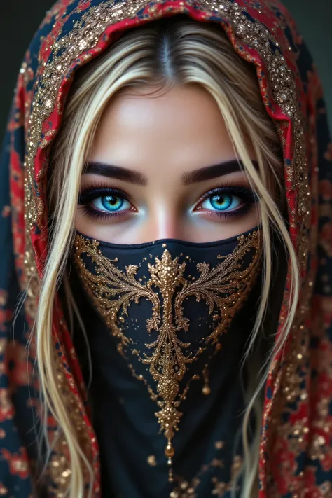  Portrait of an Arabian princess, a fairy-tale image, fantastic backgrounds, a magical fairy-tale atmosphere, [cowbow shot:1.25], [she has a veil-mask and (falling fringes) (gold-chaining, shiny, elegant) cover the lower part of the face] , [vivid and colo...