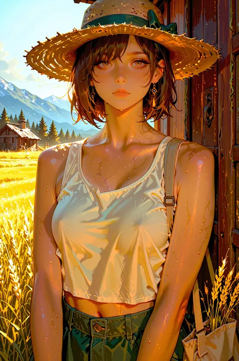 High Quality、masterpiece、8K Wallpaper、Quiet Atmosphere、ruins、Desolate Farmer、thick grass、Wall Wrapped with Vines、decayed wooden architecture、 collapsing roof 、Mossy Stone Wall、Girl Wearing a Straw Hat、Wearing a Tank Top、freckles、Tanned Brown Skin、Sweaty Sk...