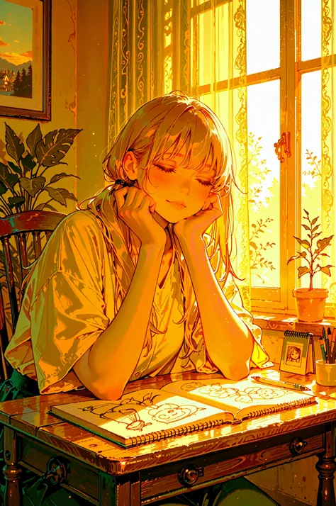 High quality, masterpiece, meticulous detail, room bathed in pastel light, shy girl sketching by the window, soft natural light, large window, lace curtains, wooden chair, sketchbook, pencil, concentrated expression, slightly flushed cheeks, long hair, hai...