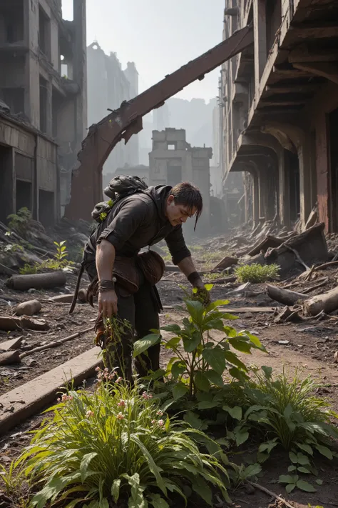 The Wasteland Gardener - He plants a garden amid the ruins, letting greenery breathe life back into this post‑apocalyptic world. photorealistic, ray tracing, 32K, HDR, UHD, DSLR, cinematic, masterpiece, award-winning