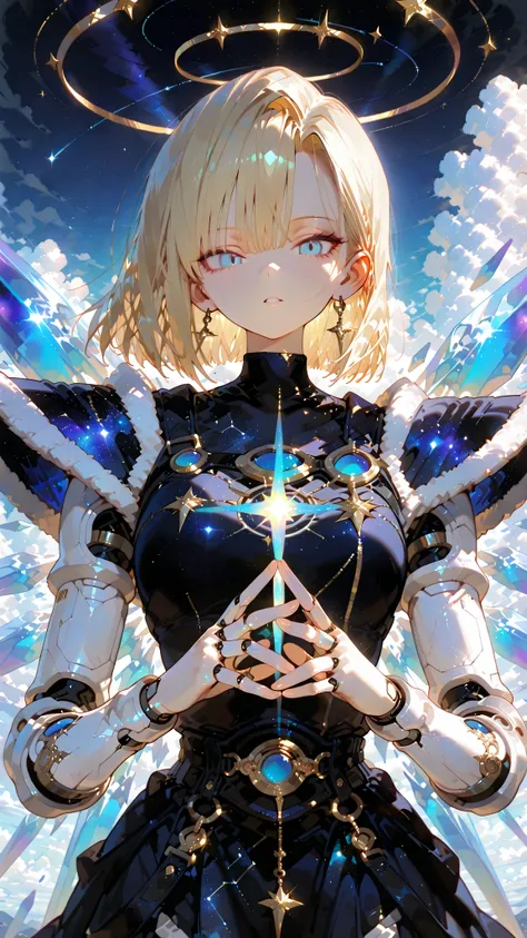 Outstanding work, slightly realistic, of extraordinary quality, very beautiful, ultra-high resolution, high resolution, anime style------Android 18 from Dragon Ball Z has been reimagined as Libra. She stood gracefully in the void of the universe, wearing a...