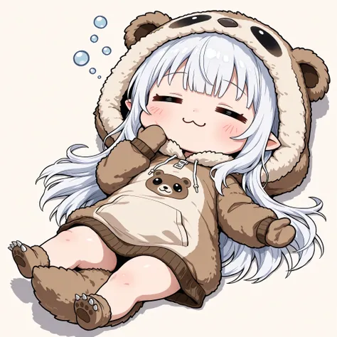 ((Masterpiece)),((best quality)),((incredibly absurdres)),((8K)),(anime style),
1 (chibi girl),(Deformed chibi:1.2),(anime chibi),(solo),white hair,long hair,straight hair,baby face,cute,kawaii,sloth tail,extremely small tail,sloth foot,Thighs,
(:3),(= =:...