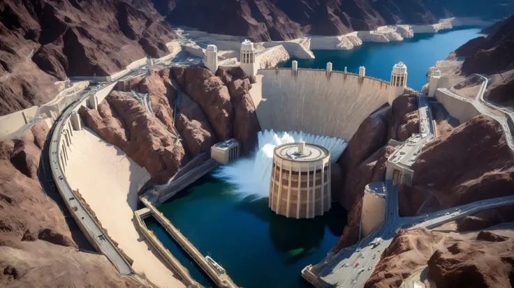 8k,ultra highres:high-definition images、(realistic expression:1.5),Nevada、(The huge Hoover Dam completed:1.5)、(Hoover Damの性格な構造と配置:1.5),(220m high gravity arch dam:1.5),(The majestic atmosphere of a supermassive structure:1.5),(Image taken from above:1.5),...