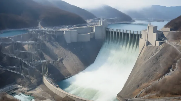 8k,Ultra Hi-Res:high resolution image、(realistic expression:1.5),Toyama Prefecture、(the huge Kurobe dam that was completed:1.5)、(Hoover Dam's elegance and treatment:1.5),(It's flowing like fog from the 186 meter-high gravity combine dam:1.5),(The majestic ...