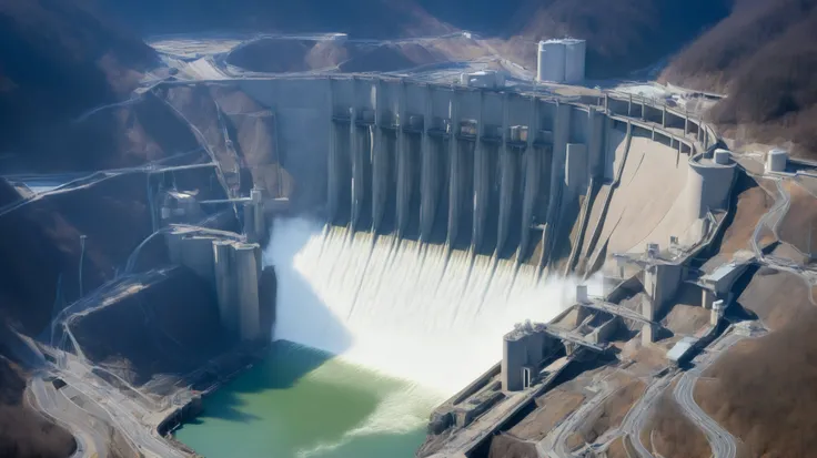 8k,Ultra Hi-Res:high resolution image、(realistic expression:1.5),Toyama Prefecture、(the huge Kurobe dam that was completed:1.5)、(Hoover Dam's elegance and treatment:1.5),(It's flowing like fog from the 186 meter-high gravity combine dam:1.5),(The majestic ...