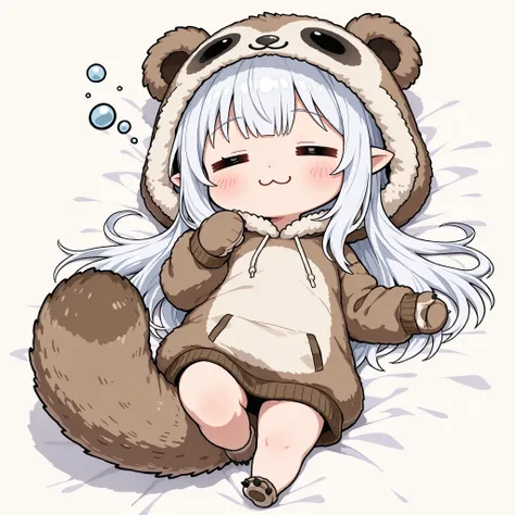 ((Masterpiece)),((best quality)),((incredibly absurdres)),((8K)),(anime style),
1 (chibi girl),(Deformed chibi:1.2),(anime chibi),(solo),white hair,long hair,straight hair,baby face,cute,kawaii,sloth tail,extremely small tail,sloth foot,Thighs,
(:3),(= =:...