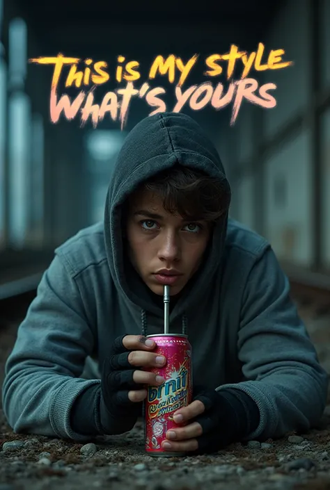 Medium shot: Teen character in baggy gray hoodie lies prone on abandoned train platform, face half-illuminated by evening light, fingerless gloves gripping a colorful energy drink can. Close-up: Determined eyes focus as he punctures bottom of can with prec...