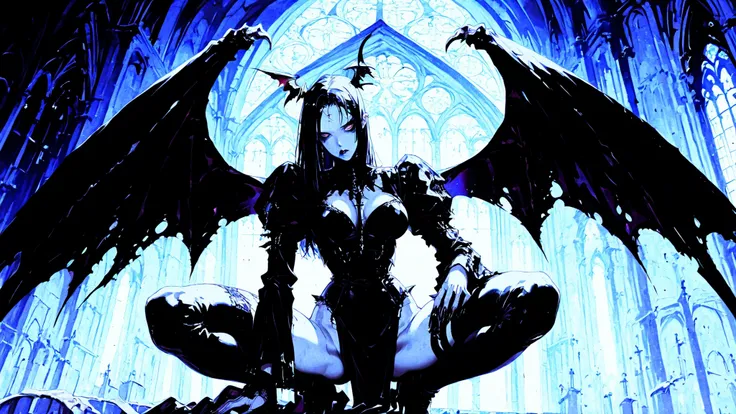 Gargoyle girl, goth make-up, gray rocky skin, breasts, Squatting at the top of the church. Background: cathedral,  dark atmosphere