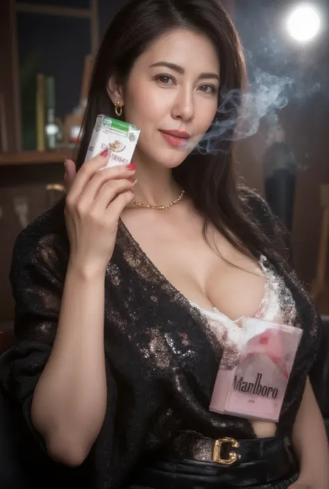Beautiful 45 year old mature woman (smoking: 0.8), (holding a cigarette in her mouth), ((((hyper-realistic image of a green and white Marlboro Menthol box))), ((holding a Marlboro Menthol box in her hand)), ((holding a Marlboro Menthol box in her breast po...