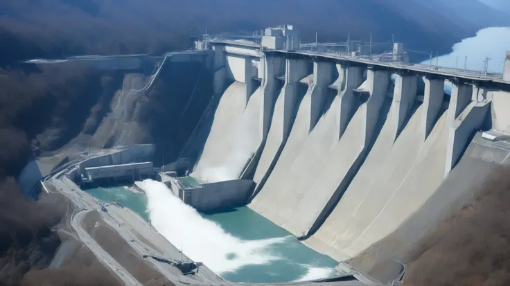 8k,Ultra Hi-Res:high resolution image、(realistic expression:1.5),Toyama Prefecture、(the huge Kurobe dam that was completed:1.5)、(The elegance and treatment of Kurobe dam:1.5),(It flows like fog from the 186-meter-high gravitational arch dam:1.5),(The majes...