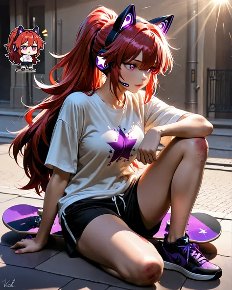 (masterpiece, 4k, ultra detailed, vivid colors, anime style, natural pose, slice of life aesthetic), {1woman}:(a beautiful and relatable anime girl, long red hair slightly messy, expressive purple eyes with a hint of embarrassment, wearing her signature ca...