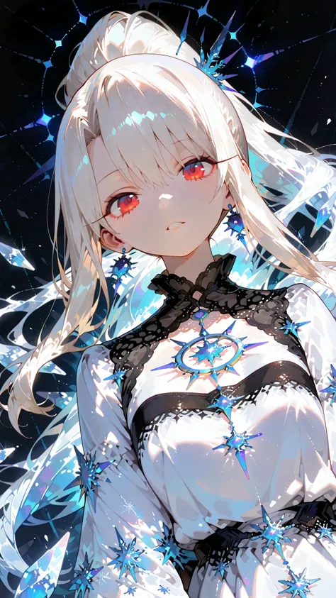 illyasviel von einzbern, long hair, red eyes, white hair,,Outstanding work, slightly realistic, of extraordinary quality, very beautiful, ultra-high resolution, high resolution, anime style-----Mature woman, tall figure.(Horror flavor :0.7),***************...