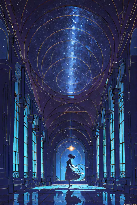 Woman standing in front of a large window with a sky ceiling, Infinite Celestial Objects Library, The Beautiful Universe, Anime Art Nouveau Cosmic Display, cosmic starry sky, In the Galaxy, holographic space, Boundary Space Aesthetics, Magical atmosphere +...