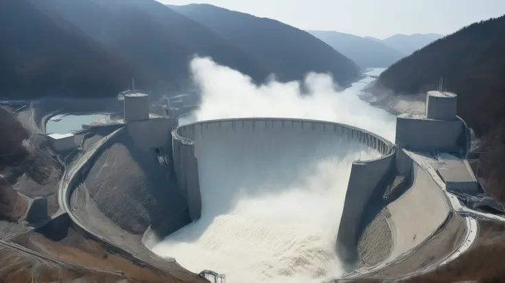8k,ultra highres:high-definition images、(realistic expression:1.5),Toyama Prefecture、(the huge Kurobe dam that was completed:1.5)、(Hoover Damの性格な構造と配置:1.5),(A huge Kurobe arch dam completed:1.5),(is flowing like fog from the 186 meter-high gravity combine ...