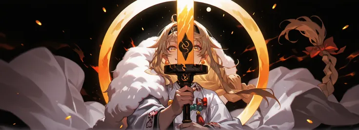 A short, solitary male character, a young teenager, about 1.5 meters tall. He stands alone against a deep black background, making him stand out vividly. His physique, face, and height are exactly like Lloyd de Saloum.
He has long blonde hair styled exact...