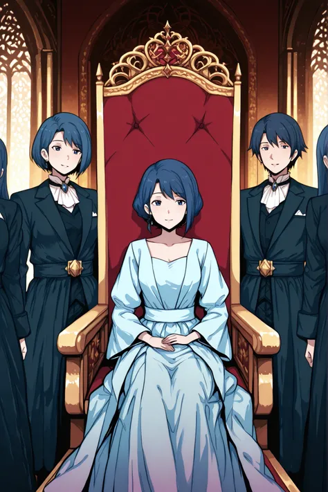 anime boy sitting on a royal throne, confident expression, surrounded by two beautiful anime girls with long blue hair, wearing elegant dresses, romantic atmosphere, soft lighting, luxurious background, fantasy palace style, vibrant colors, anime artstyle,...