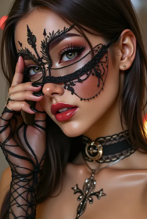 Woman getting ready for a masquerade,Place the mesh eye mask you wear at the masquerade ball in the center of the screen,Attach the choker to the eye mask,Mask with beautiful shining decorations , Embrace a mask,place a mask in the center of the screen,I ...