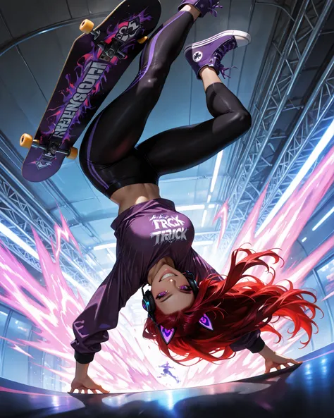 (masterpiece, 4k, ultra detailed, vivid colors, dynamic pose, professional camera angles), {1woman}: (a beautiful and attractive woman, long red hair, expressive purple eyes, wearing a headset with cat ears, a purple top, very short black leggings, purple...