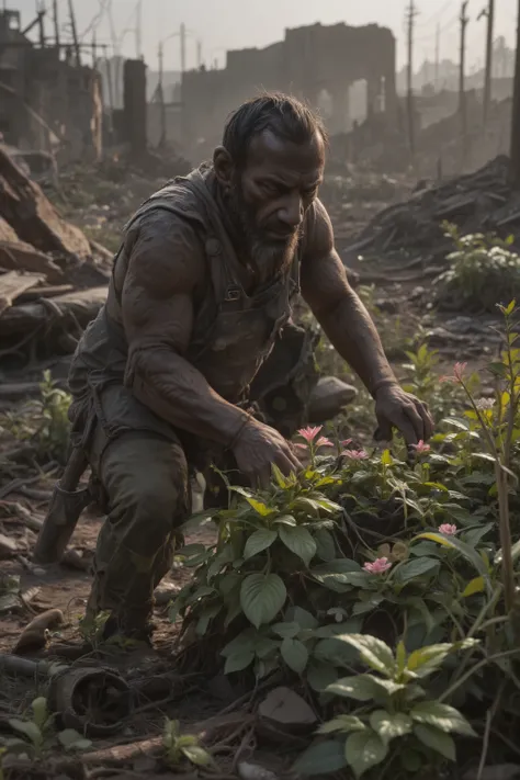 The Wasteland Gardener - He plants a garden amid the ruins, letting greenery breathe life back into this post‑apocalyptic world. photorealistic, ray tracing, 32K, HDR, UHD, DSLR, cinematic, masterpiece, award-winning