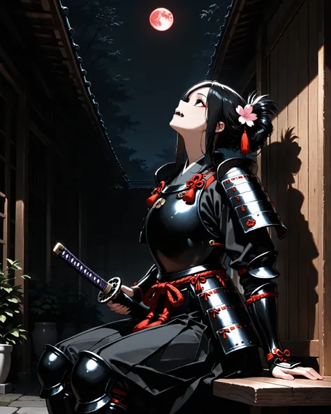 side angle, (masterpiece, 4k, ultra detailed, vivid colors), {1woman}: (a beautiful and attractive woman, with long black hair in a wild hairstyle, black eyes, wearing a not complete samurai armor on her body, sitting in the traditional Japanese way, with ...