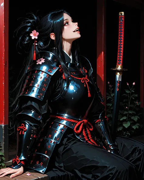 side angle, (masterpiece, 4k, ultra detailed, vivid colors), {1woman}: (a beautiful and attractive woman, with long black hair in a wild hairstyle, black eyes, wearing a not complete samurai armor on her body, sitting in the traditional Japanese way, with...