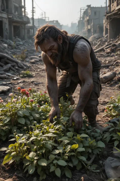 The Wasteland Gardener - He plants a garden amid the ruins, letting greenery breathe life back into this post‑apocalyptic world. photorealistic, ray tracing, 32K, HDR, UHD, DSLR, cinematic, masterpiece, award-winning