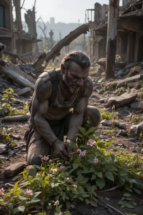 The Wasteland Gardener - He plants a garden amid the ruins, letting greenery breathe life back into this post‑apocalyptic world. photorealistic, ray tracing, 32K, HDR, UHD, DSLR, cinematic, masterpiece, award-winning