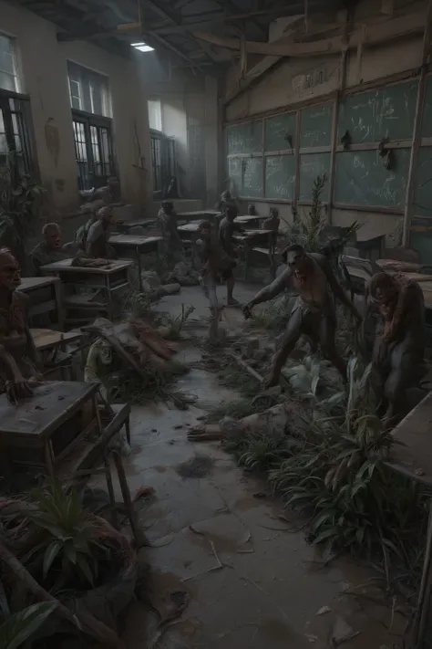 Post-Apocalyptic School - Zombies roam the campus, mutant plants overrun classrooms—how will you and your crew survive here? , ray tracing, 32K, HDR, UHD, cinematic, masterpiece, award-winning