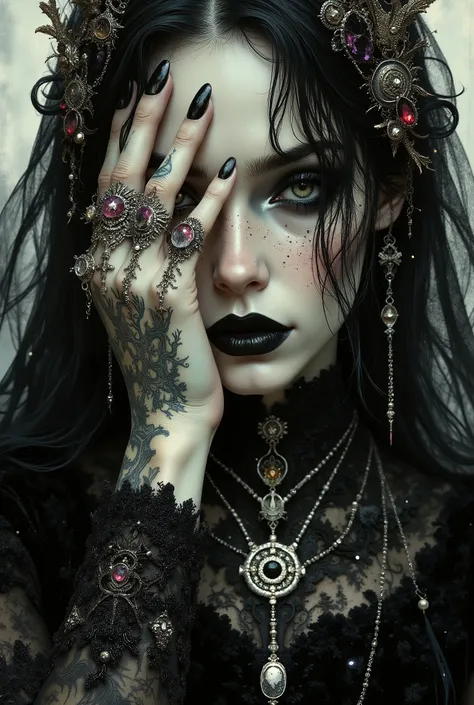 , (amazing transcendental's dream:3.5) The photo depicts a powerful gothic sorceress, her face partially hidden by her elegantly adorned hand. She has pale, slender fingers, on which several silver magical rings, set with dark gemstones like onyx and ameth...