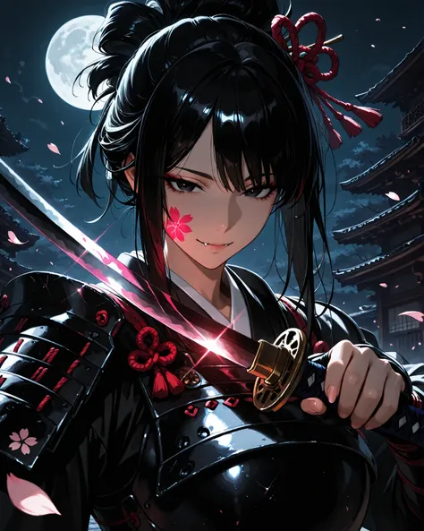  front angle, extreme close-up, (masterpiece, 4k, ultra detailed, vivid colors), {1woman}: (a beautiful and attractive woman, with long black hair in a wild hairstyle, black eyes, wearing incomplete samurai armor on her body, holding her katana in her hand...