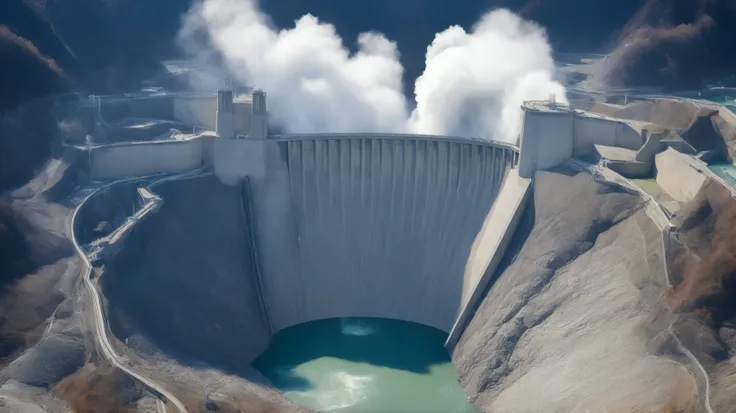 8k,Ultra Hi-Res:high resolution image、(realistic expression:1.5),Toyama Prefecture、(the huge Kurobe dam that was completed:1.5)、(Hoover Dam's elegance and treatment:1.5),(The huge Kurobe Arch Dam that was completed:1.5),(teeth、is flowing like fog from the ...