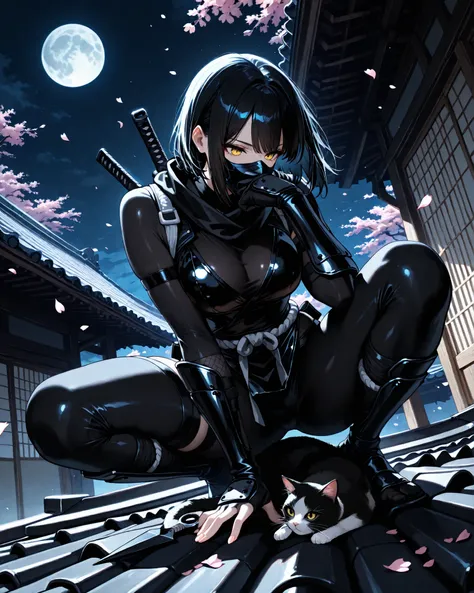  front angle, (masterpiece, 4k, ultra detailed, vivid colors), {1woman}: (a beautiful and attractive woman, short black hair all spiky, yellow eyes with irises like a cat, wearing a black ninja outfit with a mask covering her mouth, crouched on top of a ro...