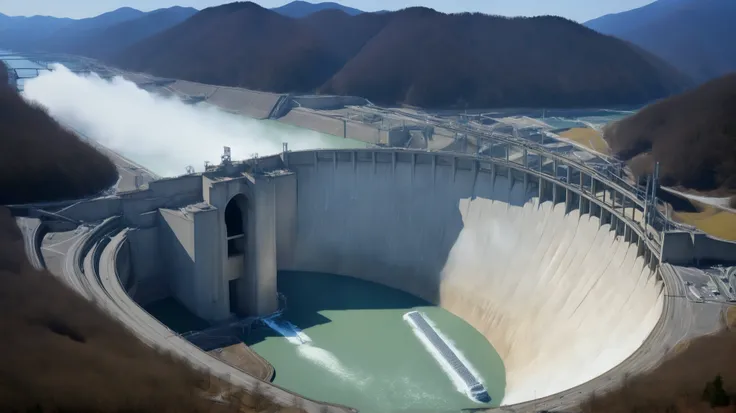 8k,Ultra Hi-Res:high resolution image、(realistic expression:1.5),Toyama Prefecture、(the huge Kurobe dam that was completed:1.5)、(The elegance and treatment of Kurobe dam:1.5),(The huge Kurobe Arch Dam that was completed:1.5),(teeth、is flowing like fog from...