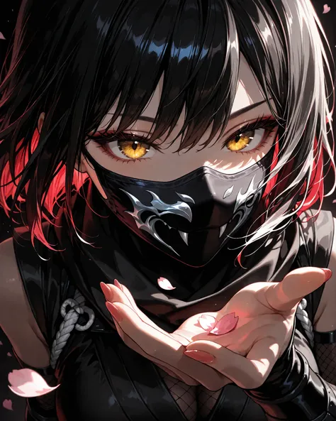front angle, extreme close-up, (masterpiece, 4k, ultra detailed, vivid colors), {1woman}: (a beautiful and attractive woman, short black hair all spiky, yellow eyes with irises like a cat, wearing a black ninja outfit, wearing a ninja mask, using her hand ...