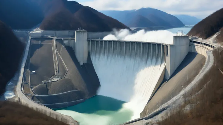8k,Ultra Hi-Res:high resolution image、(realistic expression:1.5),Toyama Prefecture、(the huge Kurobe dam that was completed:1.5)、(The elegance and treatment of Kurobe dam:1.5),(The huge Kurobe Arch Dam that was completed:1.5),(teeth、It flows like fog from t...
