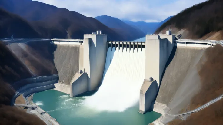 8k,Ultra Hi-Res:high resolution image、(realistic expression:1.5),Toyama Prefecture、(the huge Kurobe dam that was completed:1.5)、(The elegance and treatment of Kurobe dam:1.5),(The huge Kurobe Arch Dam that was completed:1.5),(teeth、It flows like fog from t...