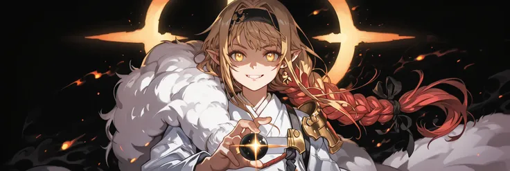 A short, solitary male character, a young teenager, about 1.5 meters tall. He stands alone against a deep black background, making him stand out vividly. His physique, face, and height are exactly like Lloyd de Saloum.
He has long blond hair, styled exact...