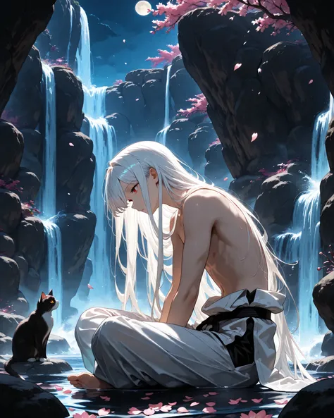  side angle, close-up, (masterpiece, 4k, ultra detailed, vivid colors), {1man}:(a handsome and attractive androgynous man, long white hair, red eyes with irises like a cat, wearing a white traditional Japanese martial arts outfit without a shirt, sitting i...