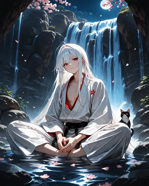  front angle, extreme close-up, (masterpiece, 4k, ultra detailed, vivid colors), {1man}:(a handsome and attractive androgynous man, long white hair, red eyes with irises like a cat, wearing a white traditional Japanese martial arts outfit without a shirt, ...