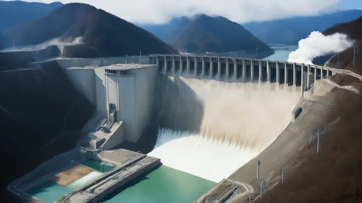 8k,Ultra Hi-Res:high resolution image、(realistic expression:1.5),Toyama Prefecture、(the huge Kurobe dam that was completed:1.5)、(The elegance and treatment of Kurobe dam:1.5),(The huge Kurobe Arch Dam that was completed:1.5),(teeth、It flows like fog from t...