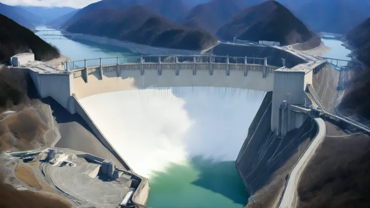 8k,Ultra Hi-Res:high resolution image、(realistic expression:1.5),Toyama Prefecture、(the huge Kurobe dam that was completed:1.5)、(The elegance and treatment of Kurobe dam:1.5),(The huge Kurobe Arch Dam that was completed:1.5),(teeth、It flows like fog from t...